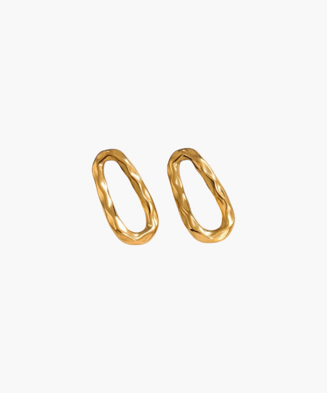 Calm Oval Earrings in 18K gold plated stainless steel with softly textured irregular oval design.
