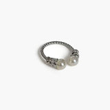 Double Pearl Ring in 925 silver plated finish with twin pearl details and an adjustable open band