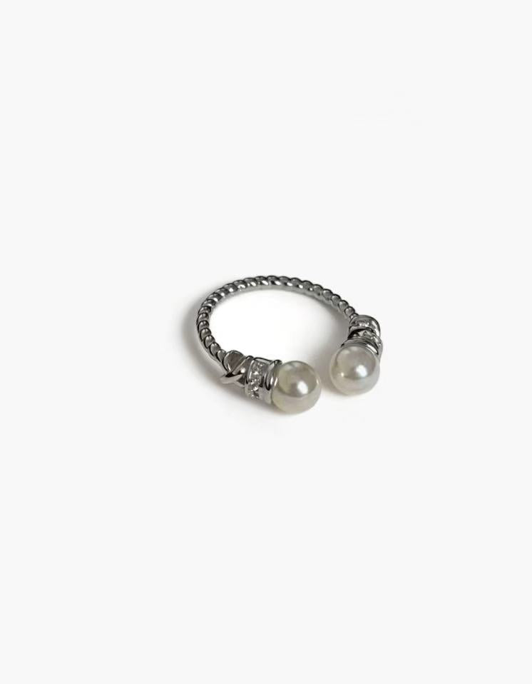 Double Pearl Ring in 925 silver plated finish with twin pearl details and an adjustable open band