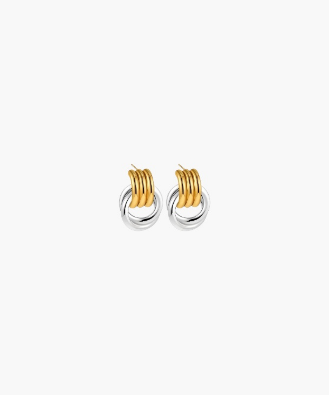 Dual Interlink Hoop Earrings featuring interlocked gold and silver plated hoops with a polished sculptural design.