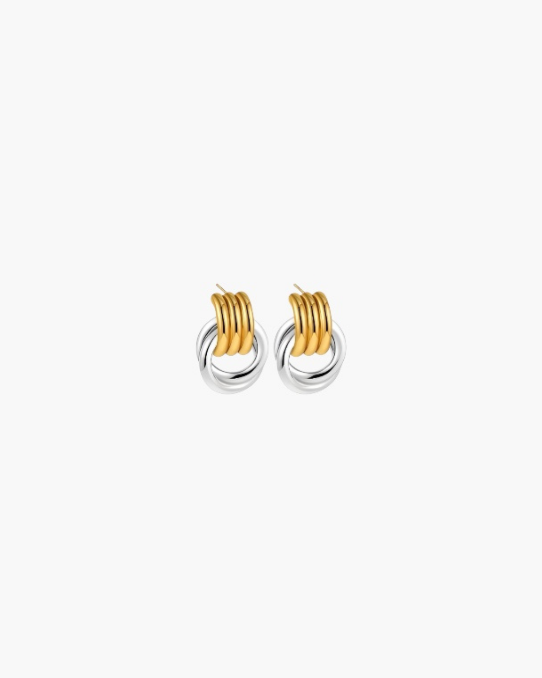 Dual Interlink Hoop Earrings featuring interlocked gold and silver plated hoops with a polished sculptural design.