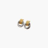 Angled view of Dual Interlink Hoop Earrings showcasing layered two-tone interlocking hoops with a modern polished finish.