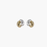 Dual tone sculpt stud earrings in brushed silver and polished gold finish, minimalist modern two-tone statement jewelry.