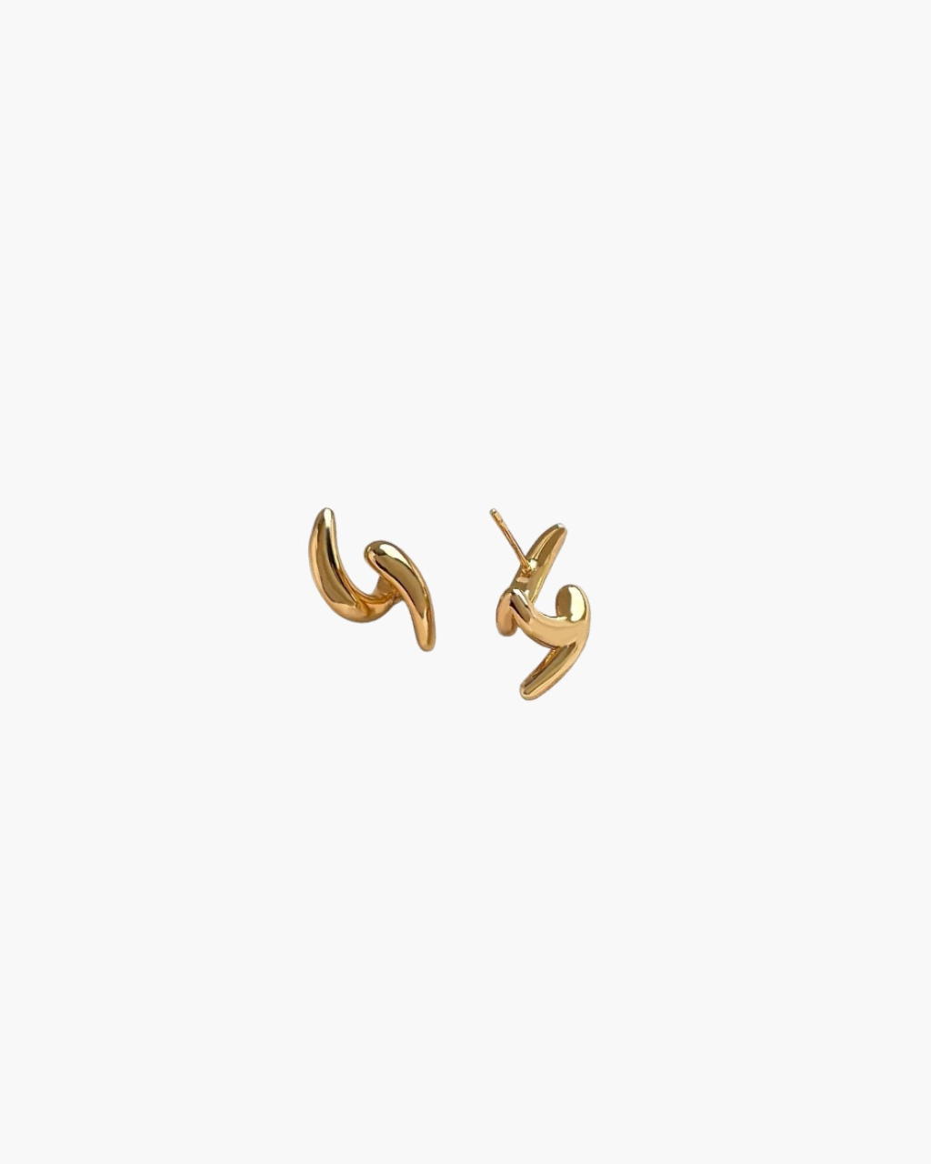 Ease sculpted curve earrings in 14k gold plated finish, modern fluid high-polish statement stud earrings.