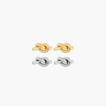 Essential Knot Stud Earrings in gold and silver finishes with polished sculptural knot design.