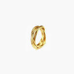 Flow Loop Ring in stainless steel with layered overlapping bands and an adjustable open design
