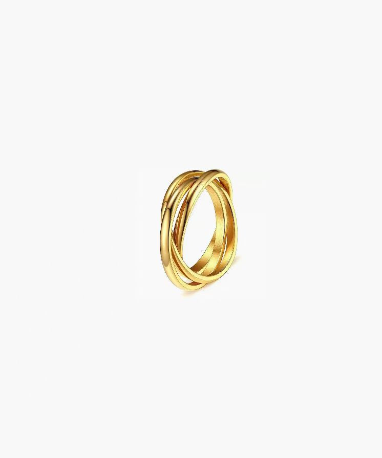 Flow Loop Ring in stainless steel with layered overlapping bands and an adjustable open design
