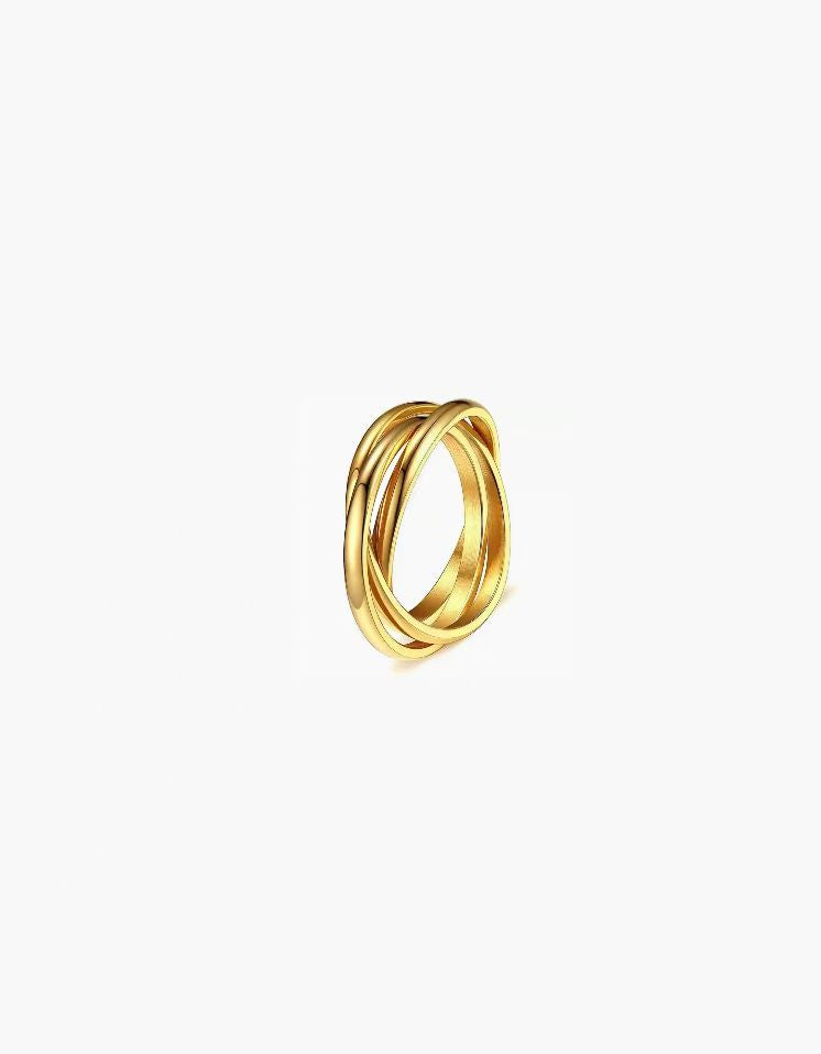 Flow Loop Ring in stainless steel with layered overlapping bands and an adjustable open design