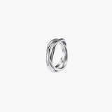 Flow Loop Ring in stainless steel with layered overlapping bands and an adjustable open design