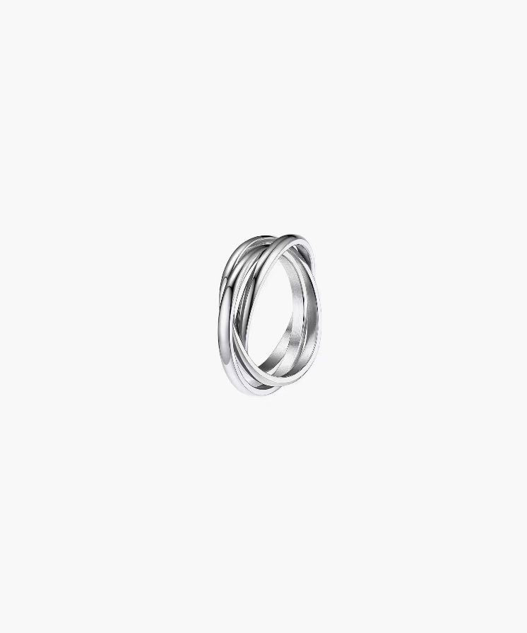 Flow Loop Ring in stainless steel with layered overlapping bands and an adjustable open design