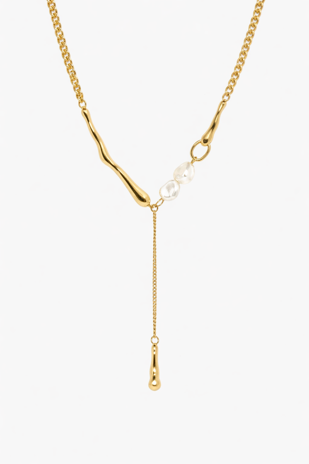 Gold pearl drop Y necklace with delicate chain and teardrop pendant detail.
