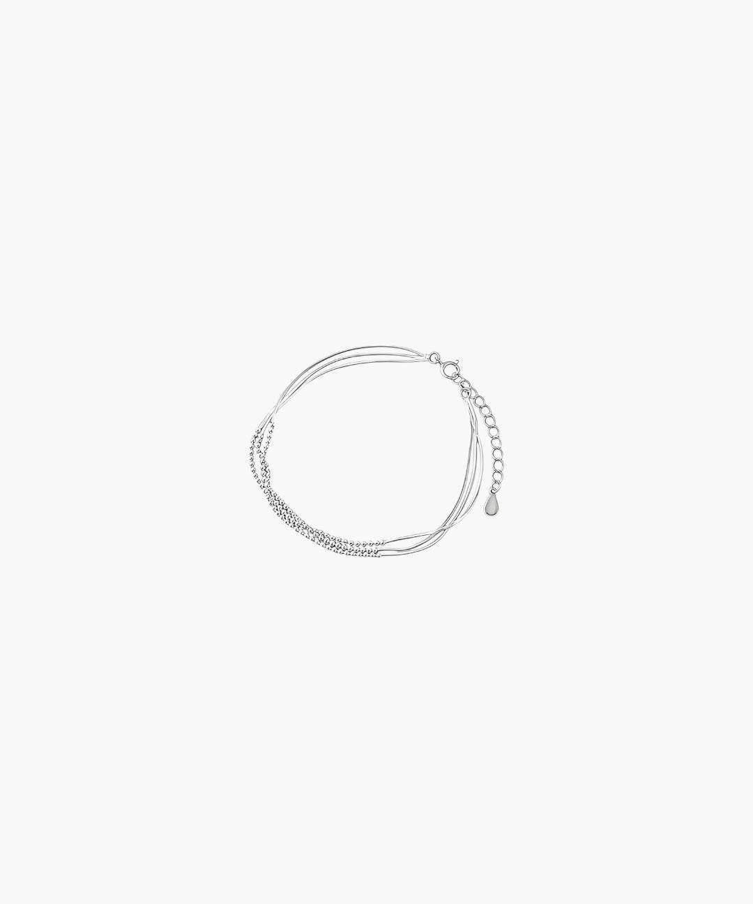 Layered silver flow bracelet with delicate multi-strand design and adjustable chain closure.
