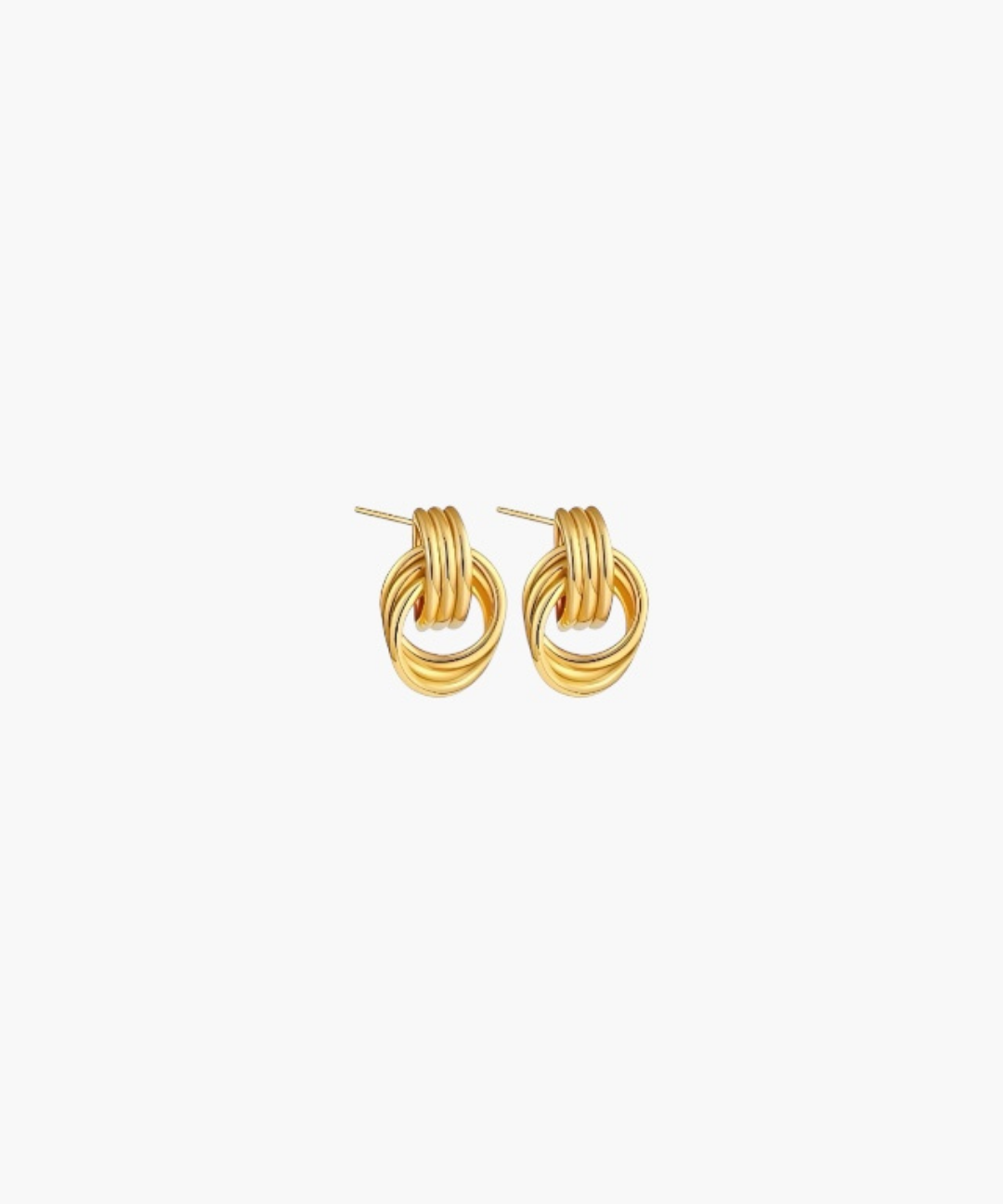 Side view of Layered Link Stud Earrings in silver plated finish showcasing the sculptural interlocking ring detail.
