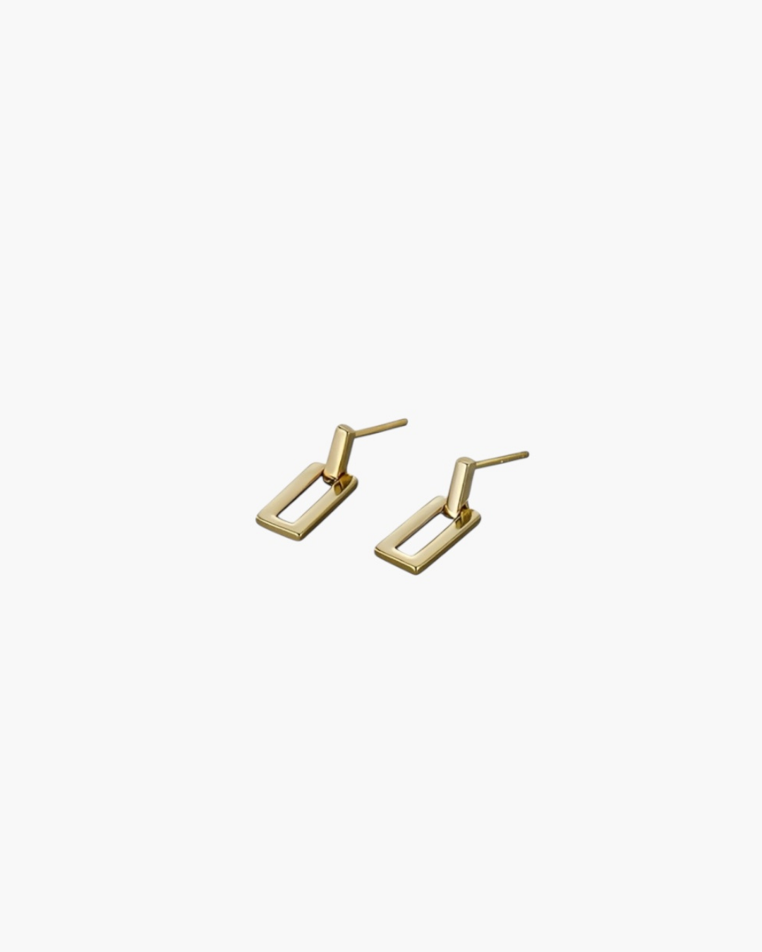 Gold linear frame drop earrings shown in angled view highlighting the open rectangular design.
