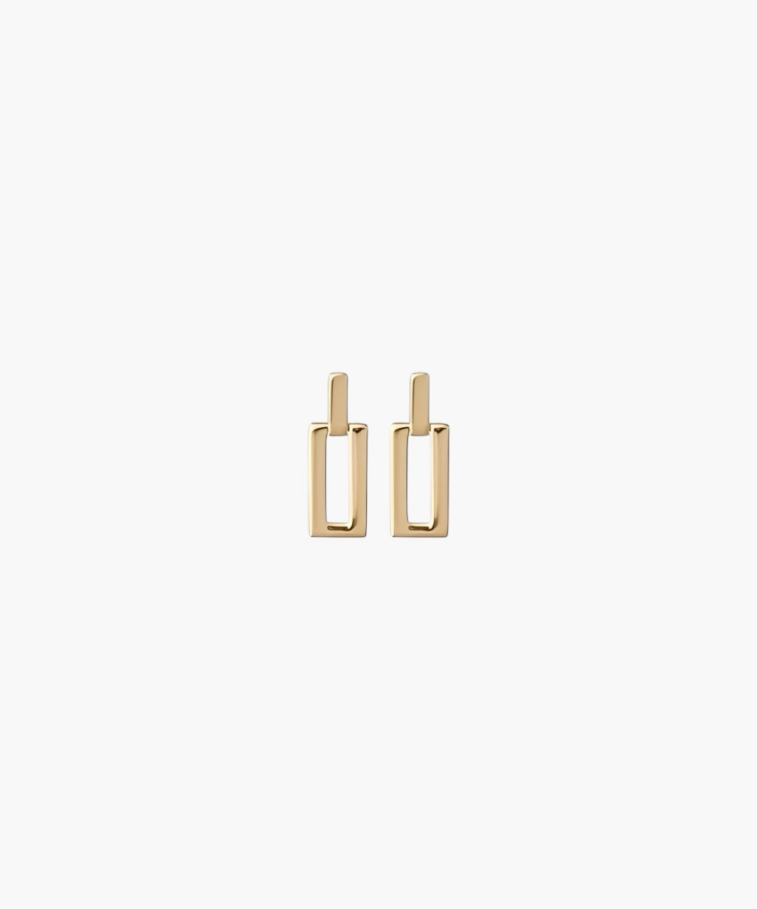 Linear Frame Earrings in gold tone featuring a geometric rectangular drop design.