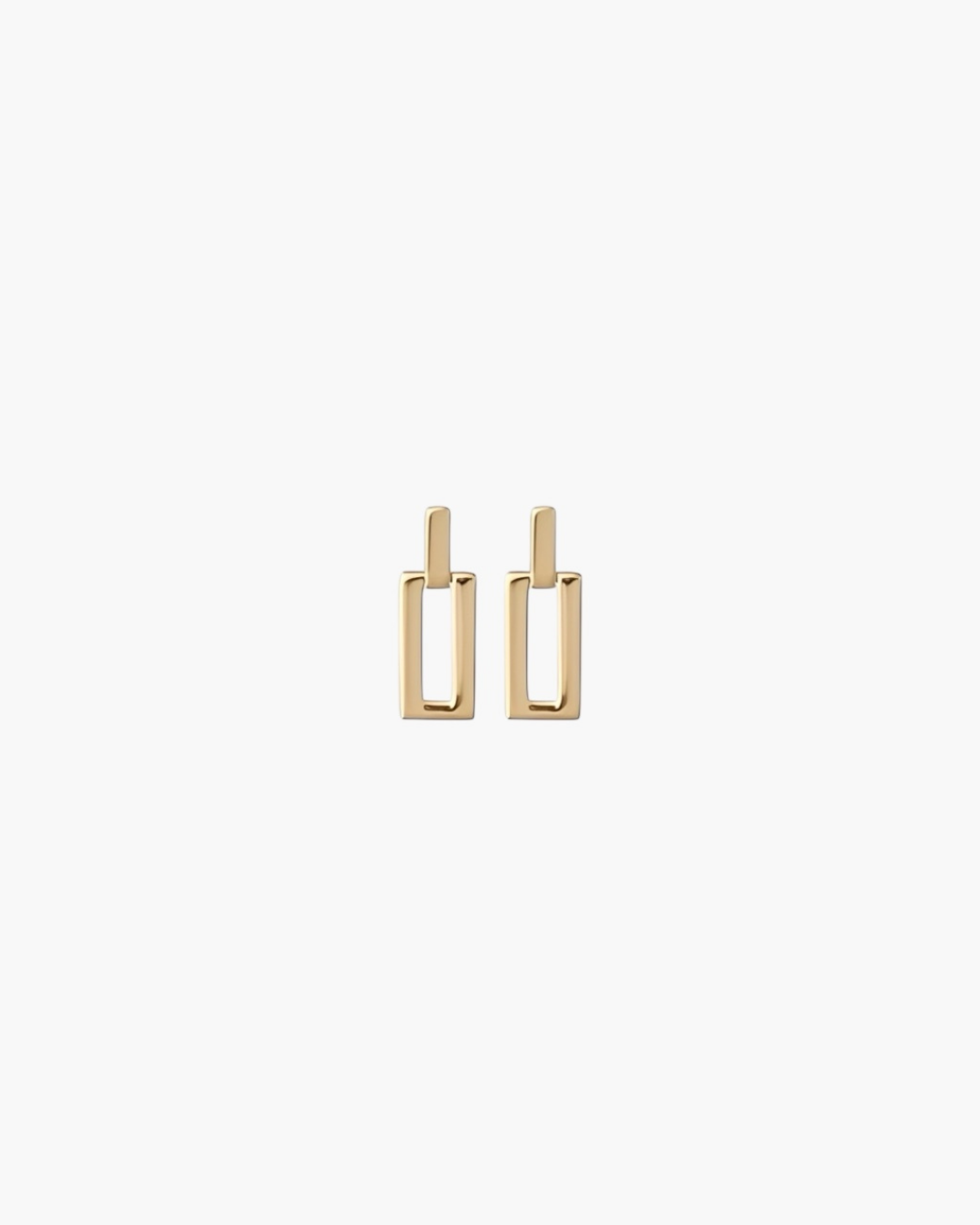 Linear Frame Earrings in gold tone featuring a geometric rectangular drop design.