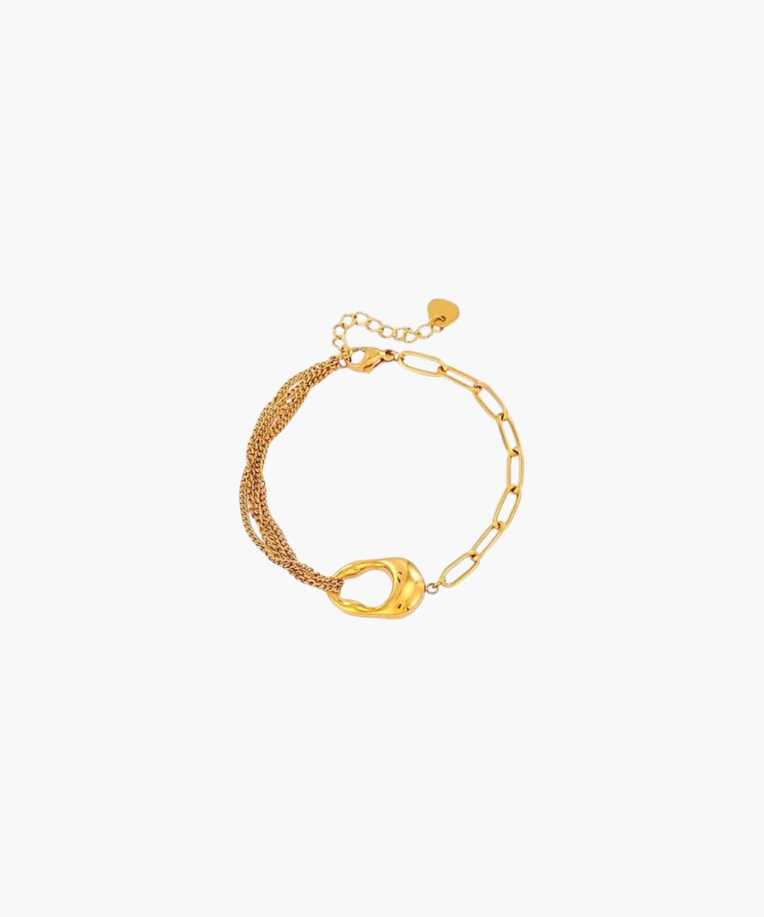 18K gold plated linked chain bracelet with layered chains and oval link detail.
