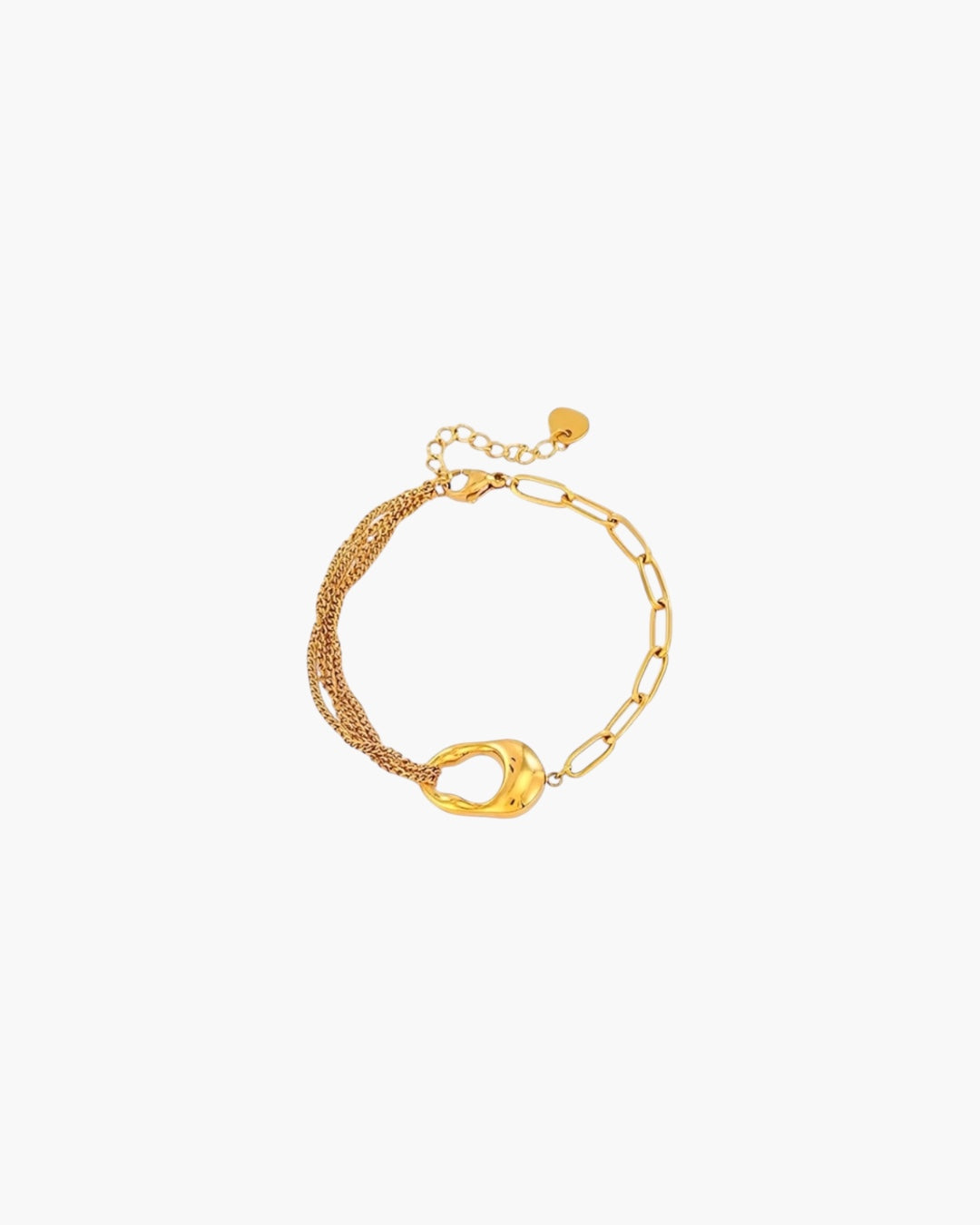 18K gold plated linked chain bracelet with layered chains and oval link detail.
