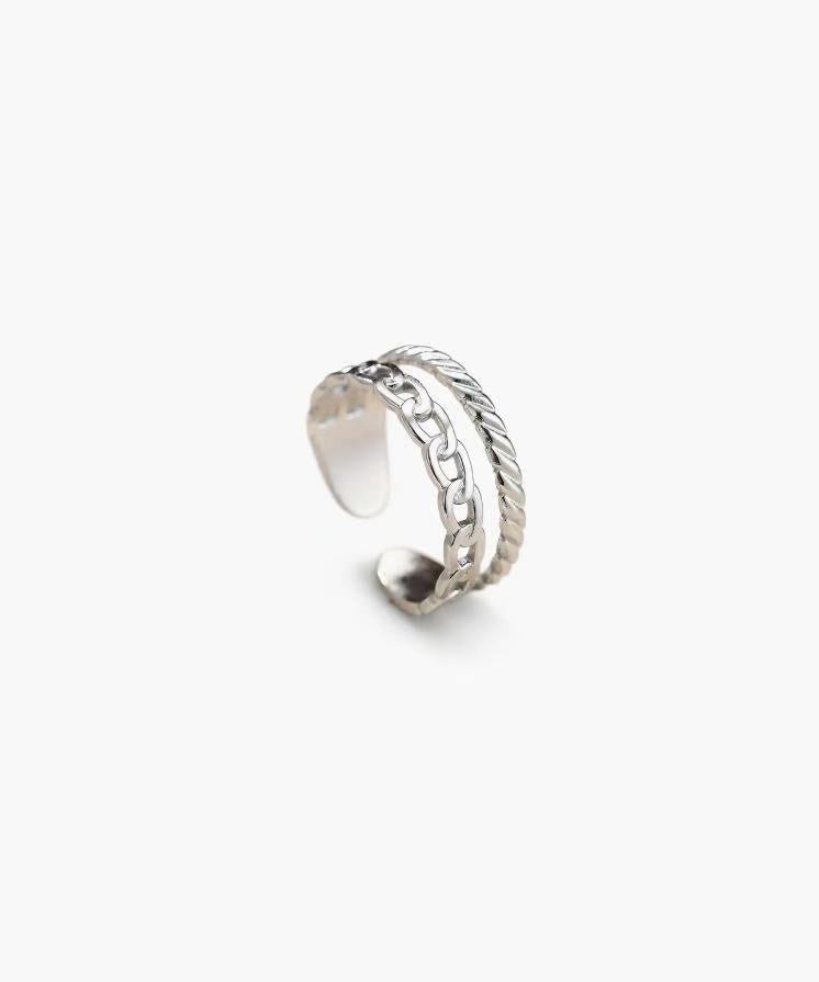 Linked rope ring in stainless steel with a silver plated finish, featuring chain link and twisted rope details and an adjustable open band