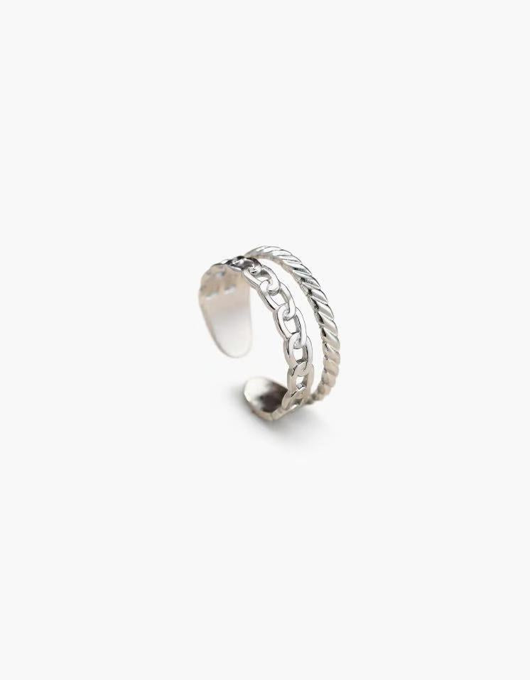 Linked rope ring in stainless steel with a silver plated finish, featuring chain link and twisted rope details and an adjustable open band
