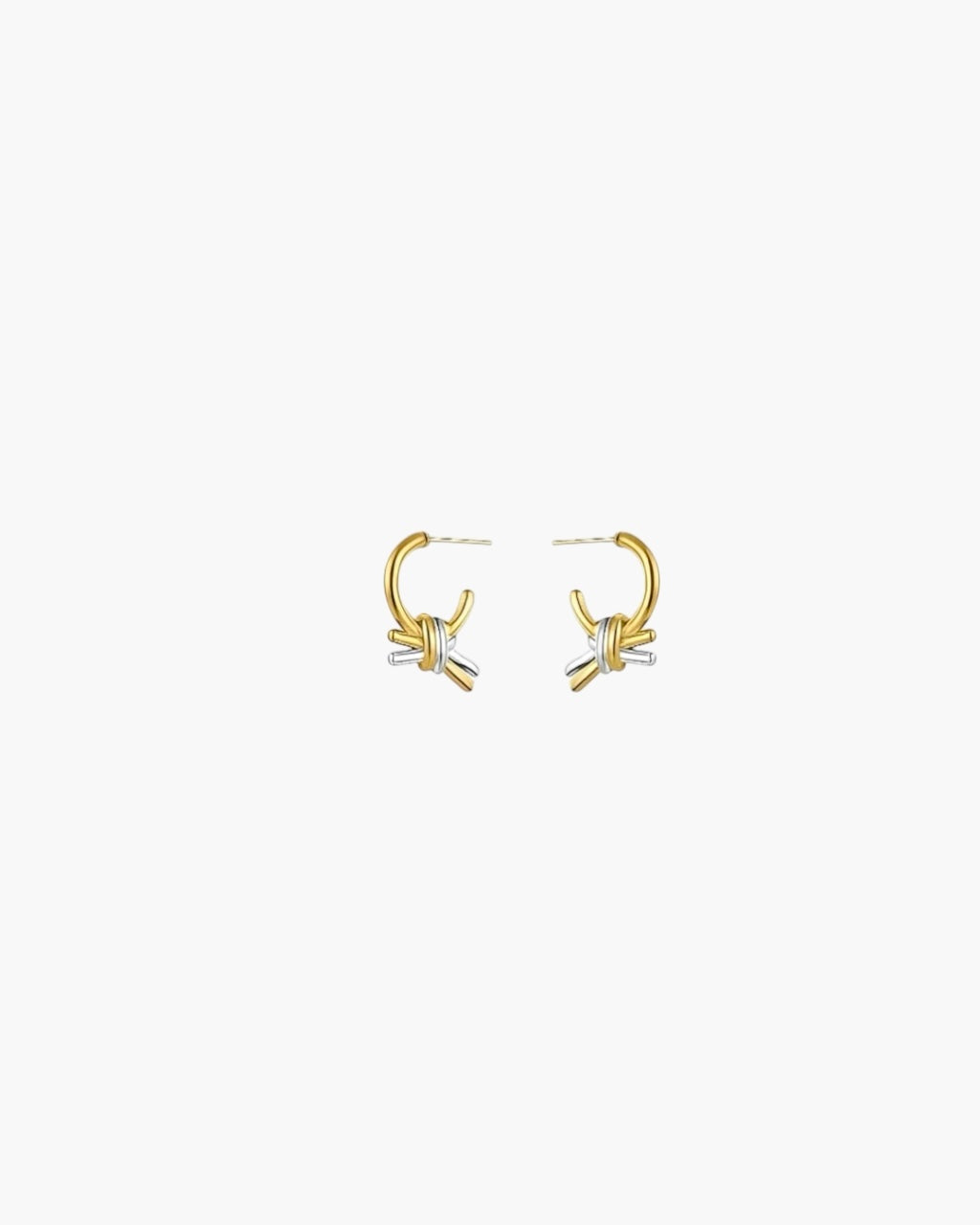 Front view of Linked Knot Hoop Earrings featuring interlocking gold and silver knot accents on a polished hoop.