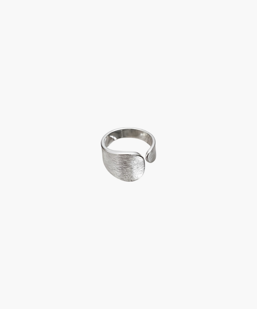 Minimal matte brushed silver open ring with wide curved statement design.
