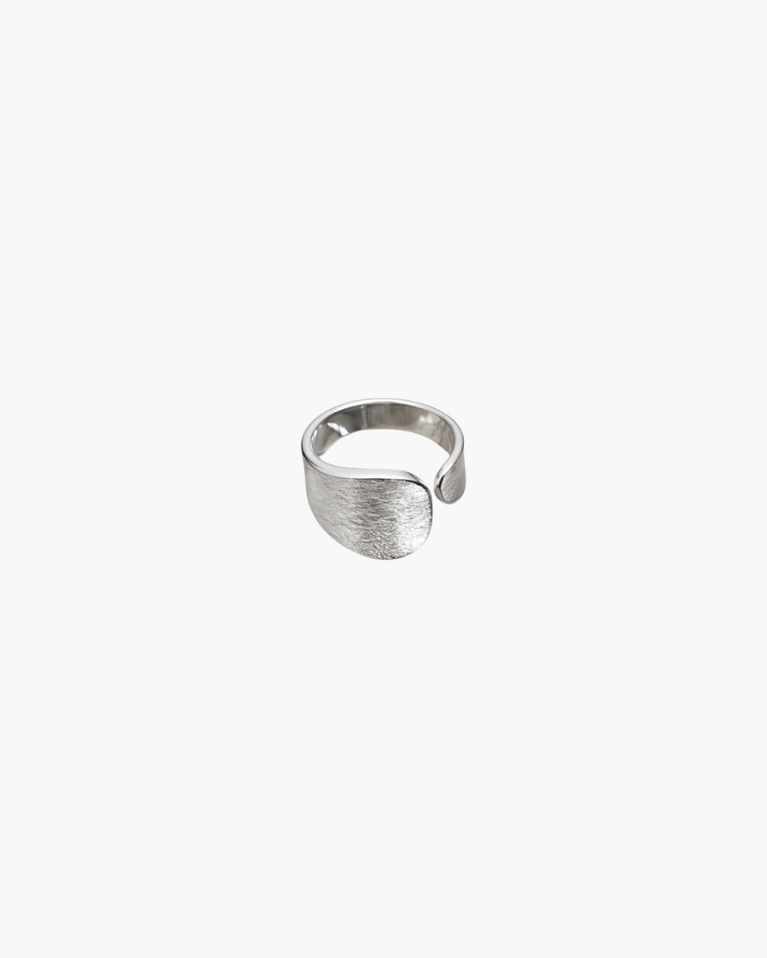 Minimal matte brushed silver open ring with wide curved statement design.

