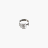 Minimal matte brushed silver open ring with wide curved statement design.
