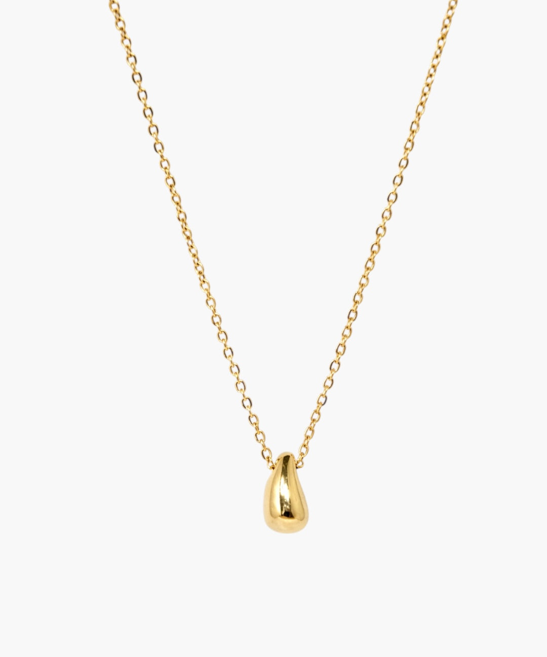Minimal gold drop pendant necklace with polished teardrop charm on delicate chain.
