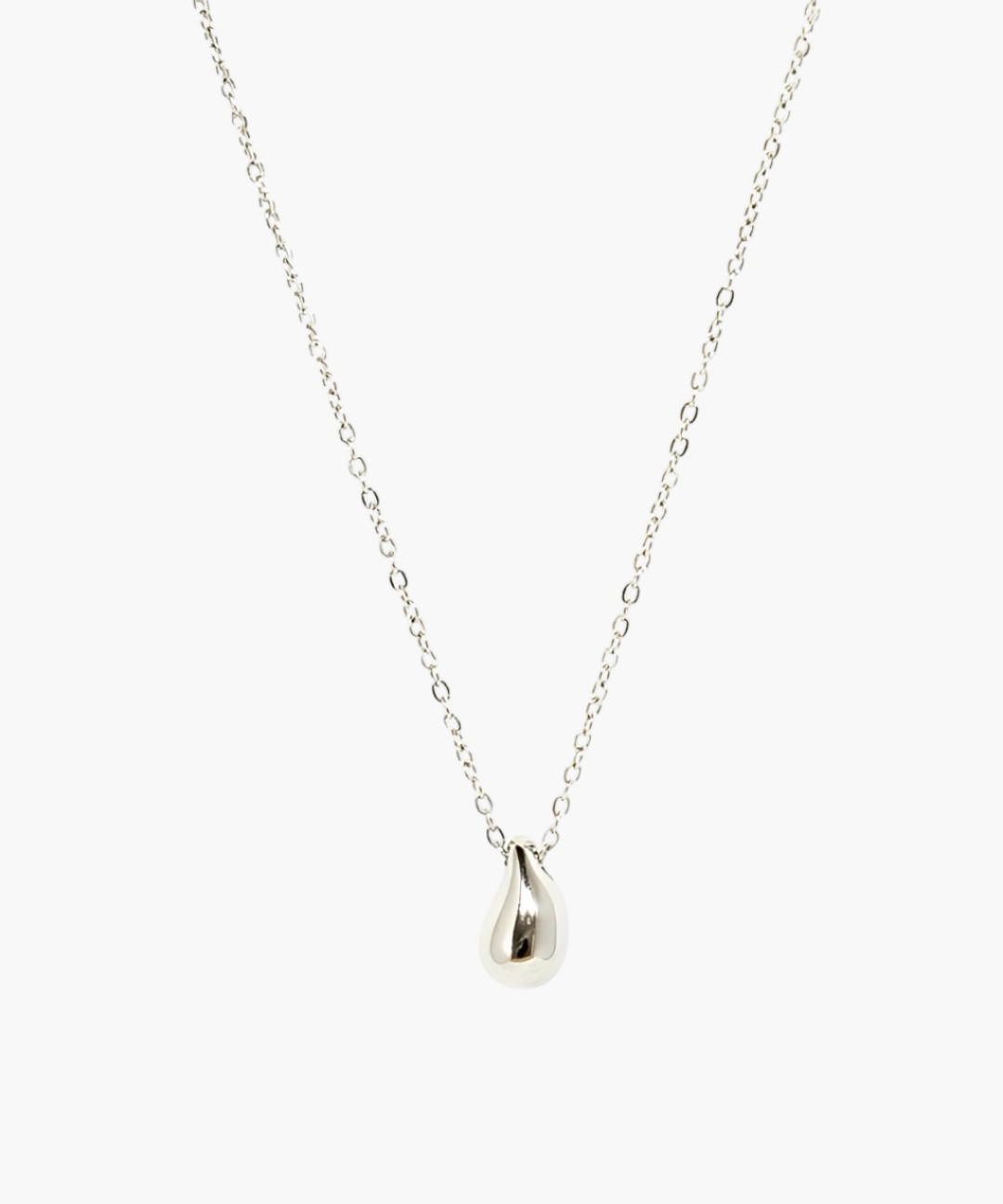Minimal silver drop pendant necklace with smooth teardrop pendant on fine chain.
