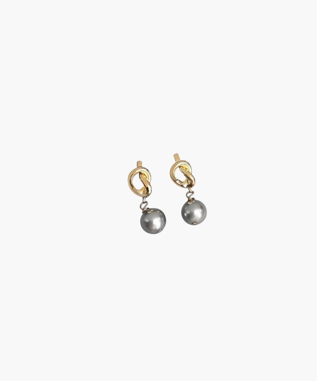 Modern Pearl Drop Earrings in 14k gold plated finish with sculptural knot detail and gray pearl drop, front view.