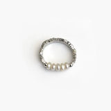 Pearl Line Ring in 925 silver plated finish with delicate pearl accents and an adjustable open band