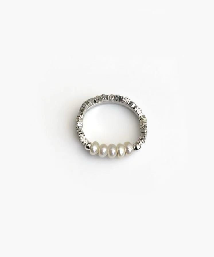 Pearl Line Ring in 925 silver plated finish with delicate pearl accents and an adjustable open band