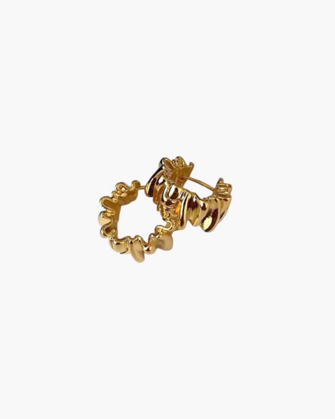 Ripple Form Hoop Earrings in 18k gold plated finish featuring sculptural ripple texture.