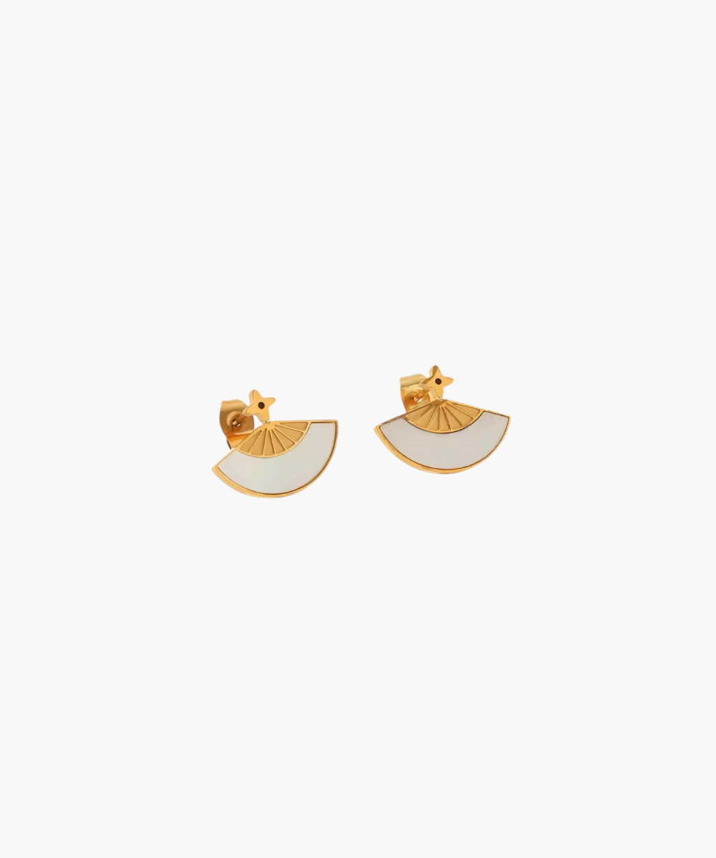 Sculpted fan earrings in 18k gold plated finish with white enamel detail, minimalist geometric stud earrings for women.