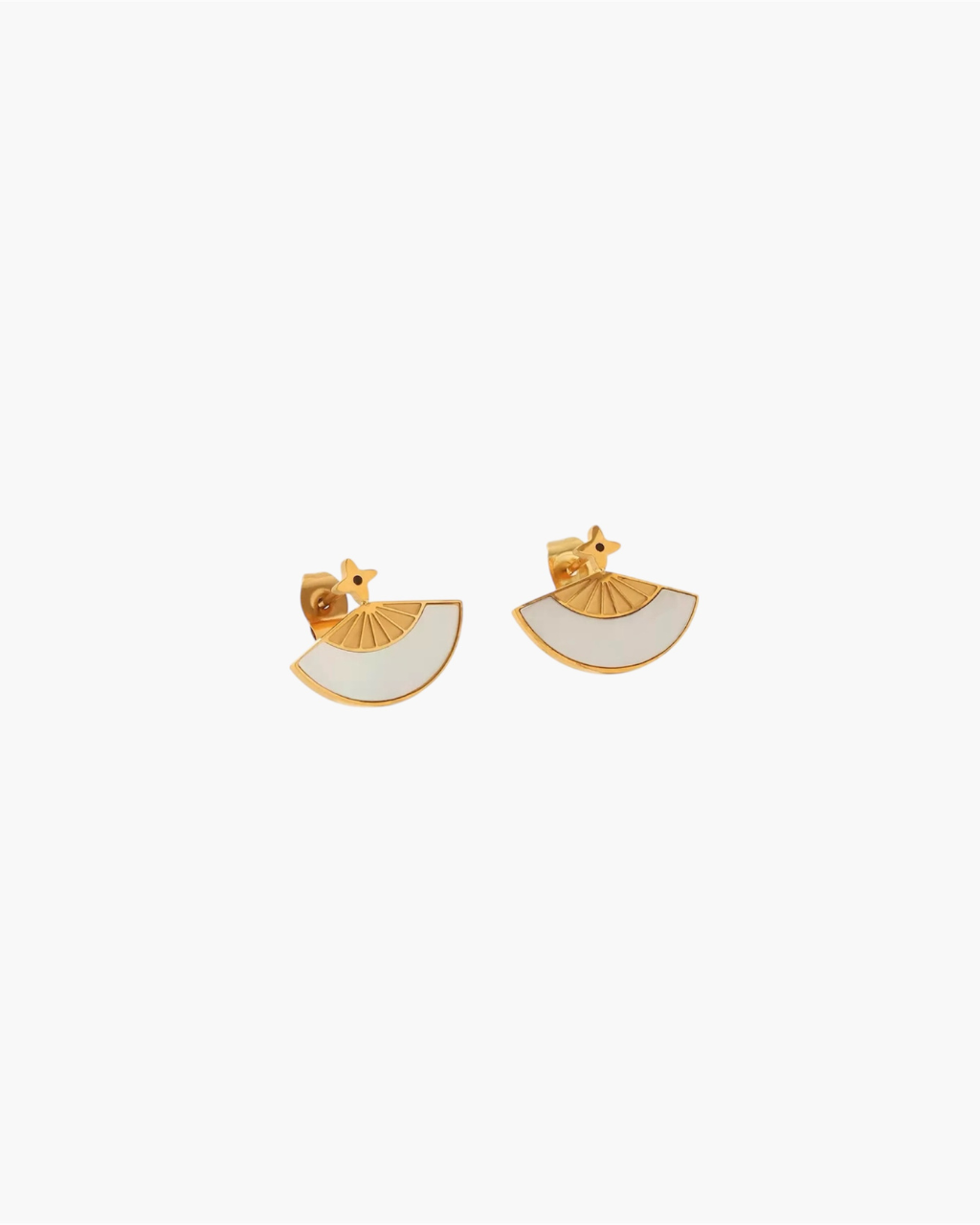Sculpted fan earrings in 18k gold plated finish with white enamel detail, minimalist geometric stud earrings for women.
