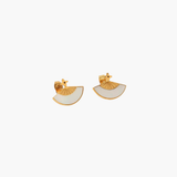 Sculpted fan earrings in 18k gold plated finish with white enamel detail, minimalist geometric stud earrings for women.