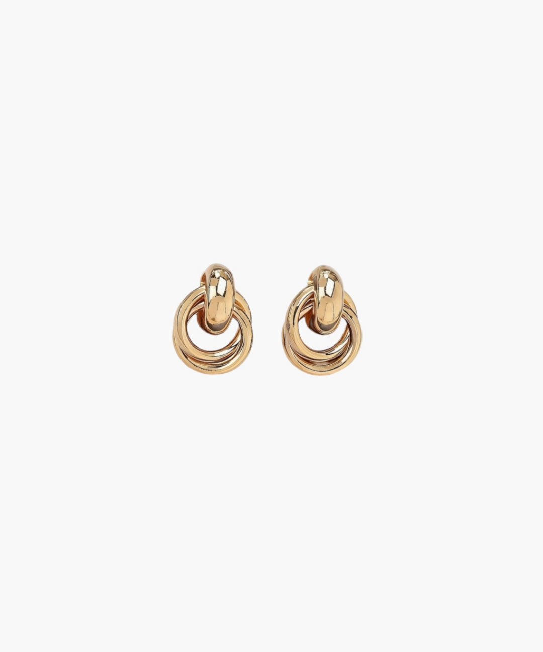 Sculpted interlock drop earrings in 18k gold plated finish with polished layered loops and modern statement design.