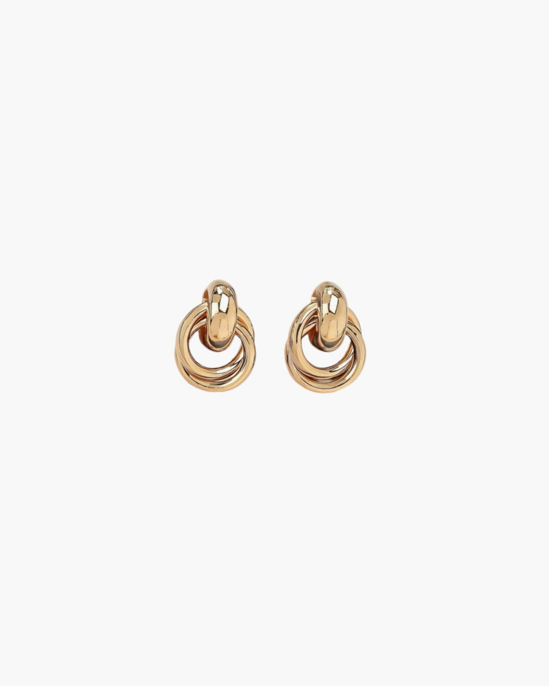 Sculpted interlock drop earrings in 18k gold plated finish with polished layered loops and modern statement design.