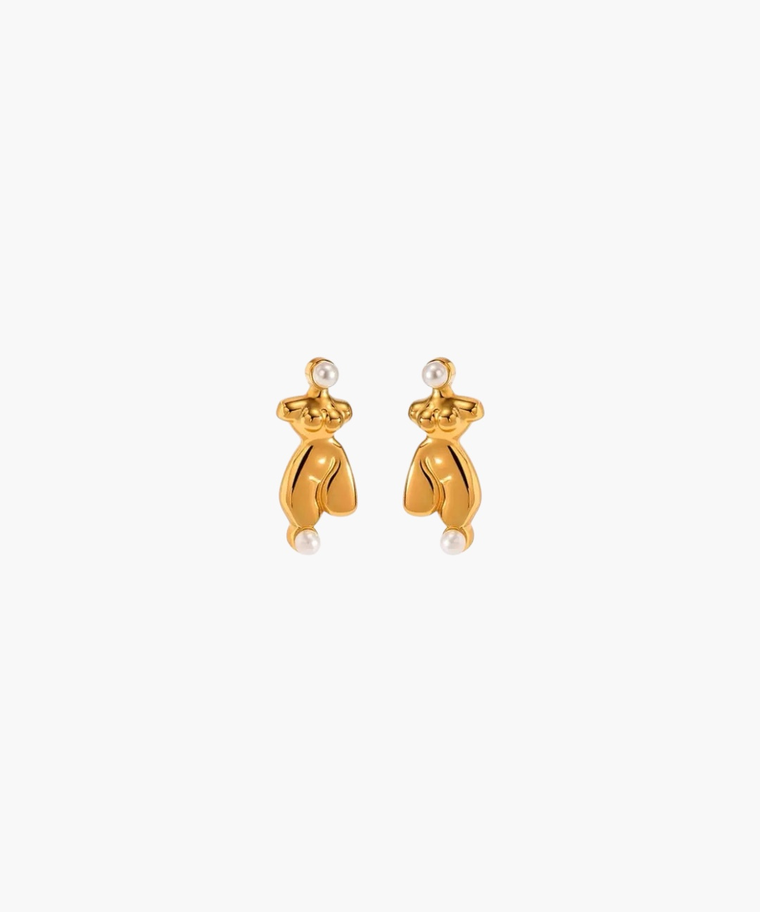 Sculpted Pearl Figure Stud Earrings in 18K gold plated stainless steel with pearl accents and artistic figure design.
