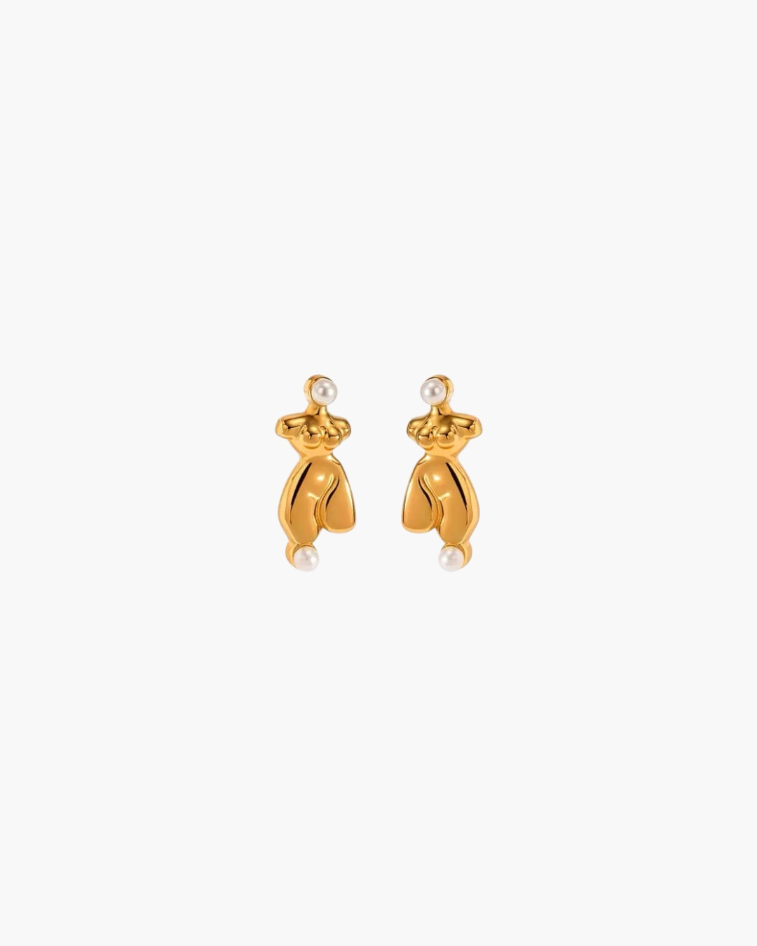 Sculpted Pearl Figure Stud Earrings in 18K gold plated stainless steel with pearl accents and artistic figure design.
