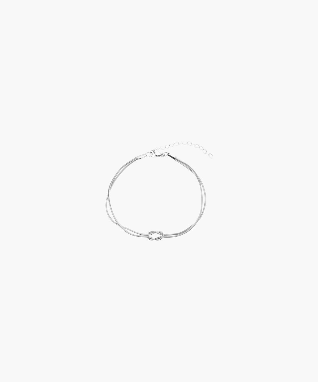 Minimalist silver knot line bracelet with double strand design and adjustable chain closure.
