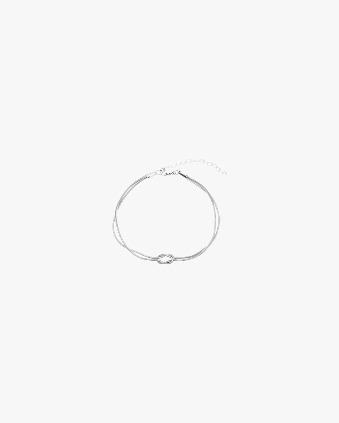 Minimalist silver knot line bracelet with double strand design and adjustable chain closure.
