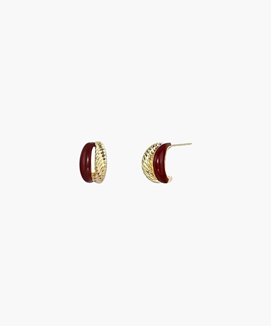 Twist Accent Stud Earrings in 18k gold plated finish with bold red accent detail, front view.