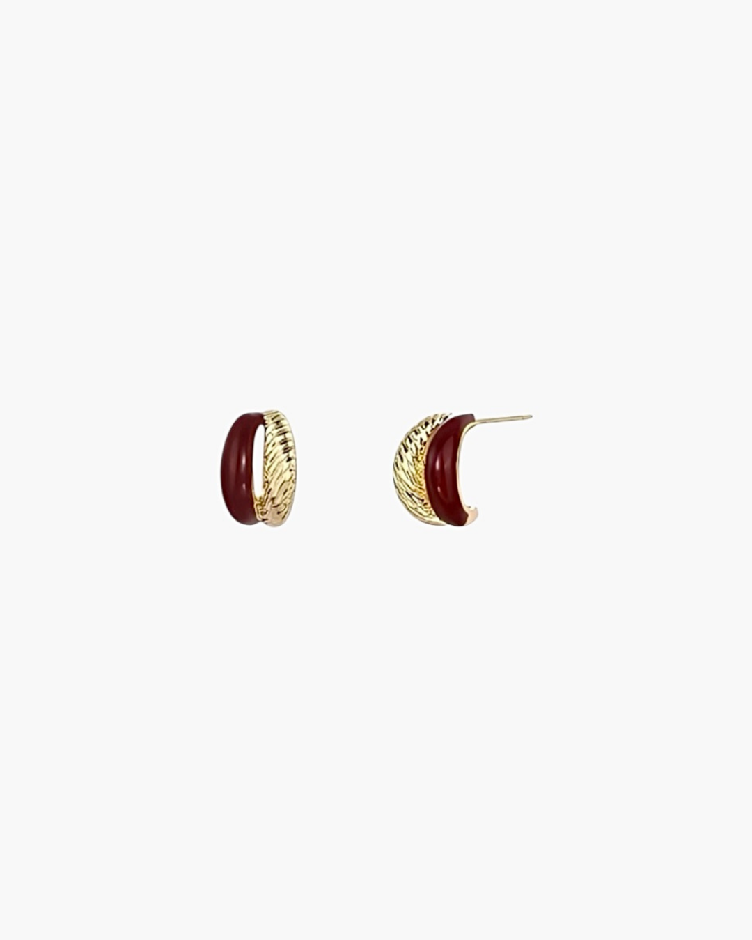 Twist Accent Stud Earrings in 18k gold plated finish with bold red accent detail, front view.