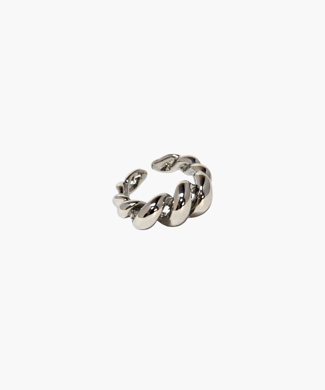 Minimal silver twist chain open ring with bold braided design and polished finish.
