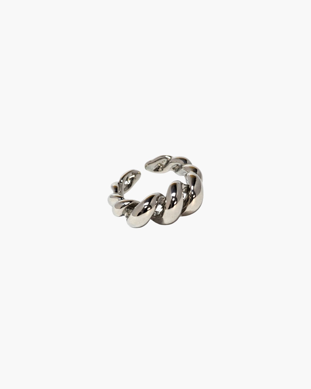 Minimal silver twist chain open ring with bold braided design and polished finish.
