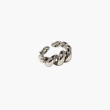 Minimal silver twist chain open ring with bold braided design and polished finish.
