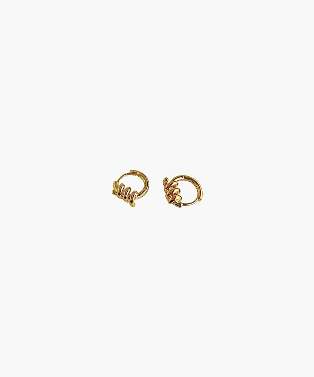 Twisted gold hoop earrings with spiral design minimalist small hoops front view