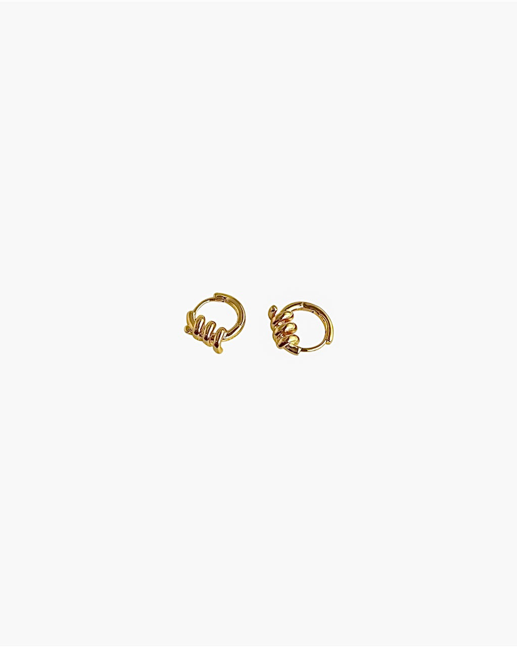 Twisted gold hoop earrings with spiral design minimalist small hoops front view